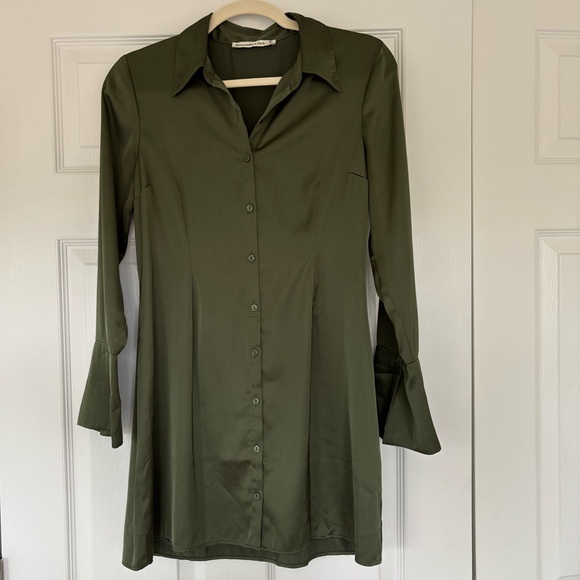 Olive Satin Shirt Dress - Picture 2 of 5